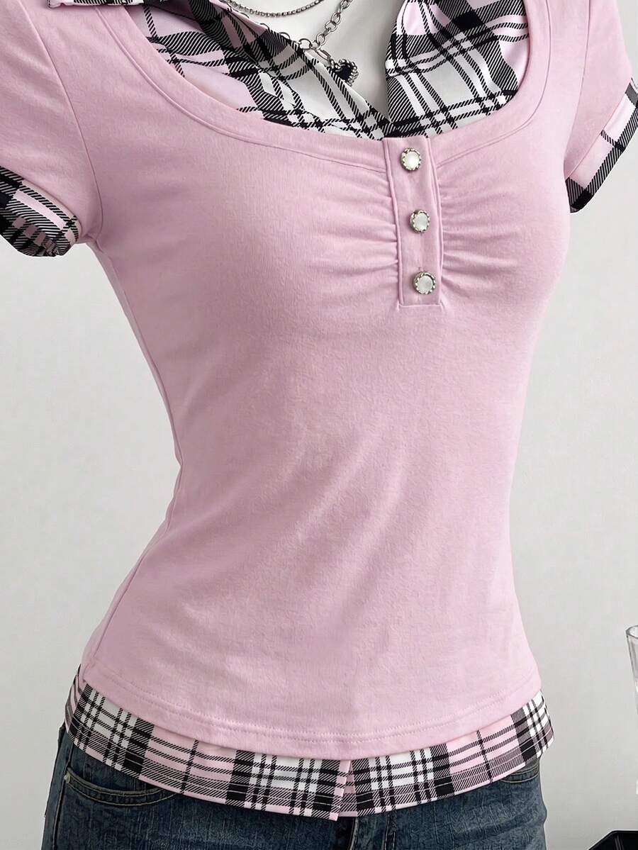 Women's black short sleeve slim fit 2-in-1 t-shirt with a plaid patchwork shirt collar detail.