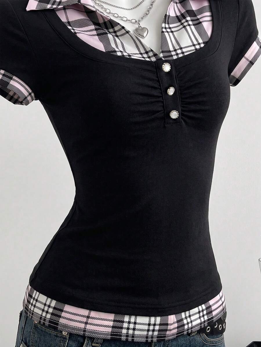 Women's black short sleeve slim fit 2-in-1 t-shirt with a plaid patchwork shirt collar detail.