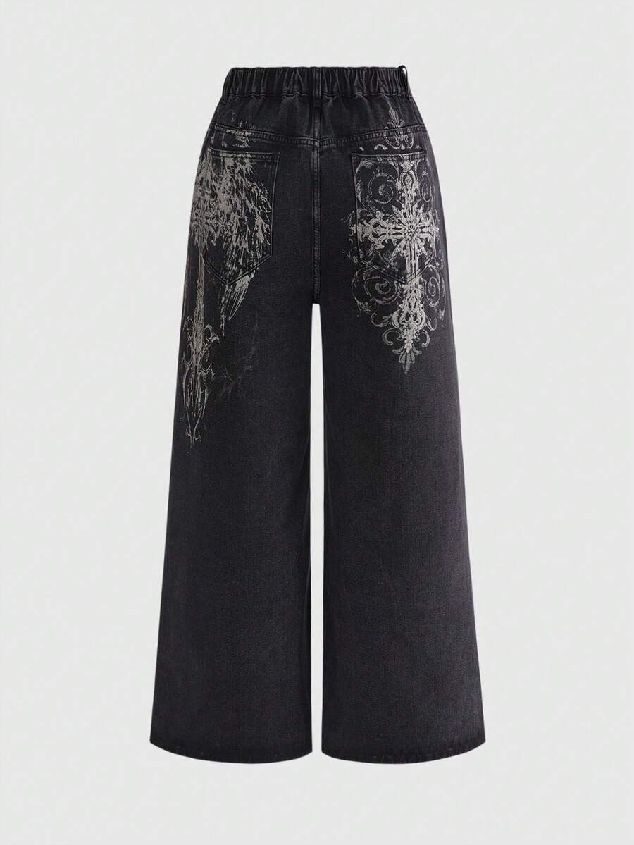Women's gothic cross print baggy wide leg jeans made from denim with zipper fly and loose fit.