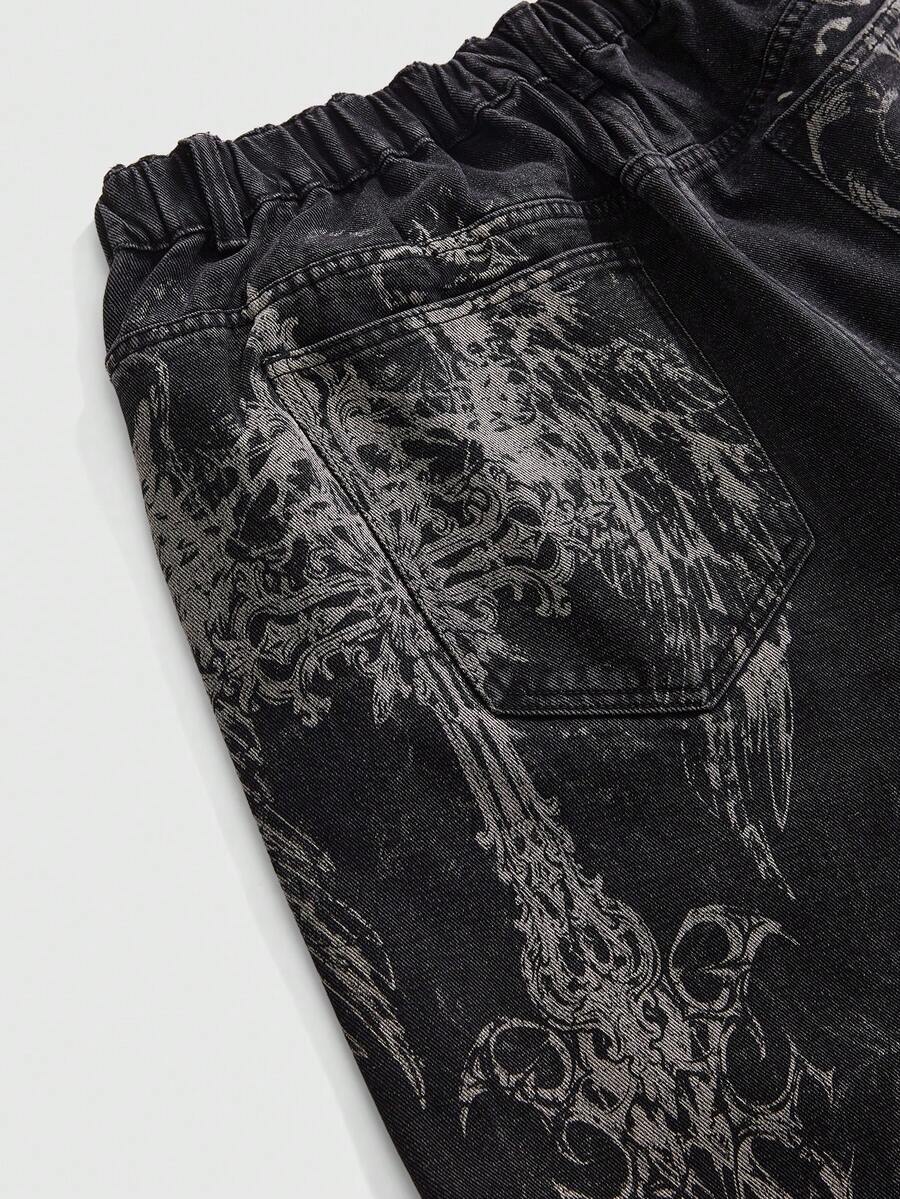 Women's gothic cross print baggy wide leg jeans made from denim with zipper fly and loose fit.