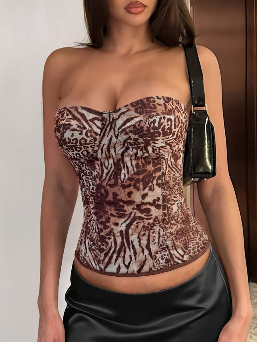 Solid color strapless corset tube top featuring a backless lace-up back design and cropped slim fit.