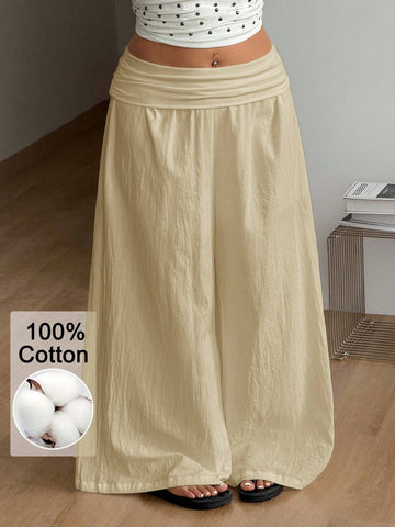 Apricot plus size wide leg pants made of 100% cotton with a high waist and relaxed loose fit.