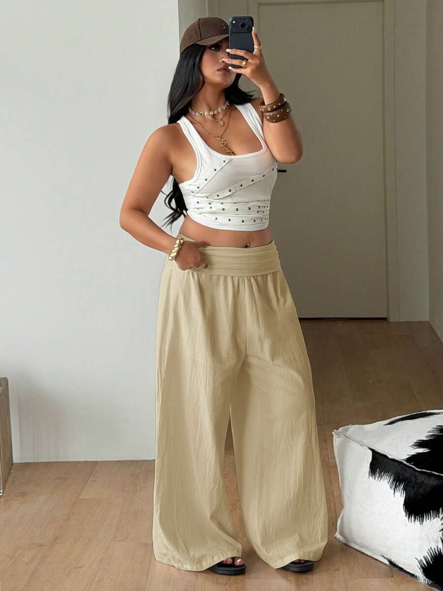 Apricot plus size wide leg pants made of 100% cotton with a high waist and relaxed loose fit.