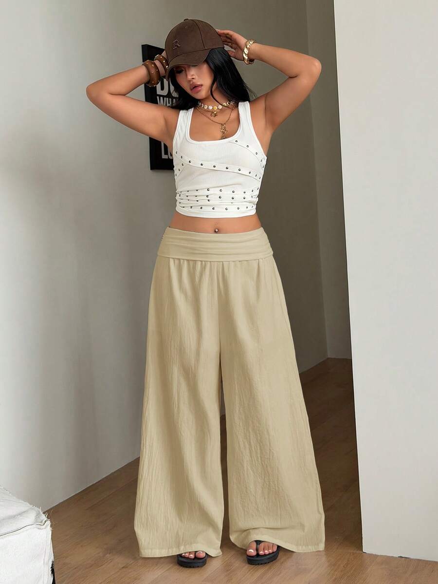 Apricot plus size wide leg pants made of 100% cotton with a high waist and relaxed loose fit.
