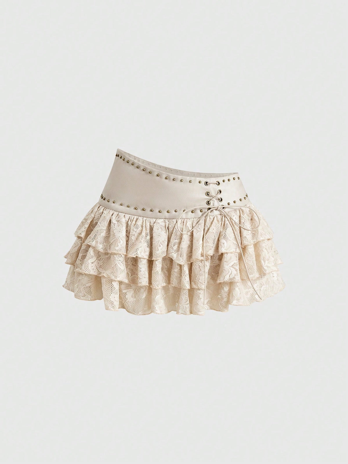Low waist double layer pleated mini skirt for women with contrast lace and tiered ruffle hem