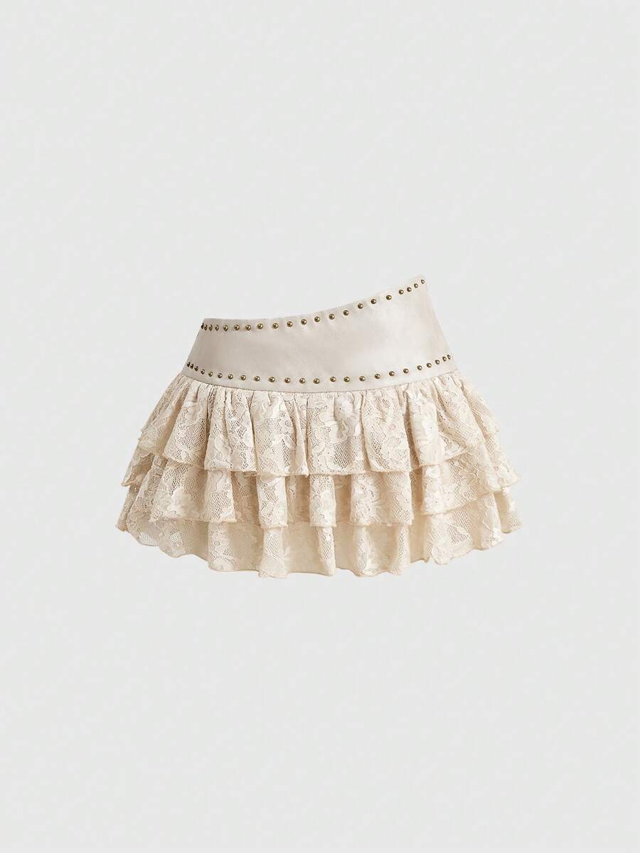 Low waist double layer pleated mini skirt for women with contrast lace and tiered ruffle hem
