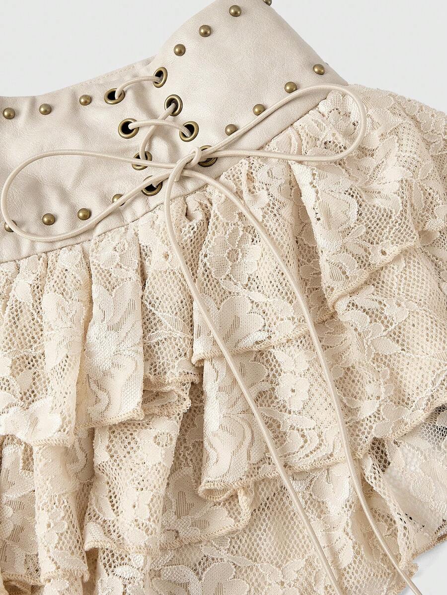 Low waist double layer pleated mini skirt for women with contrast lace and tiered ruffle hem