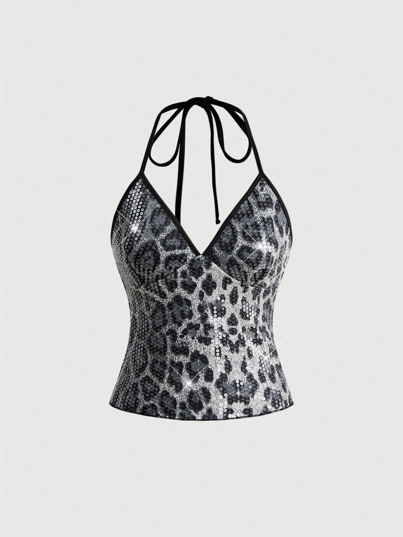 Mesh lace halter top with contrast sequin floral vine embroidery, backless knot detail, and regular fit styling for party, stage, concert, or Halloween looks.