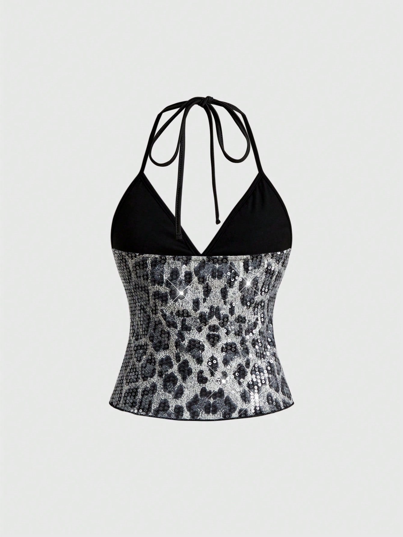 Mesh lace halter top with contrast sequin floral vine embroidery, backless knot detail, and regular fit styling for party, stage, concert, or Halloween looks.