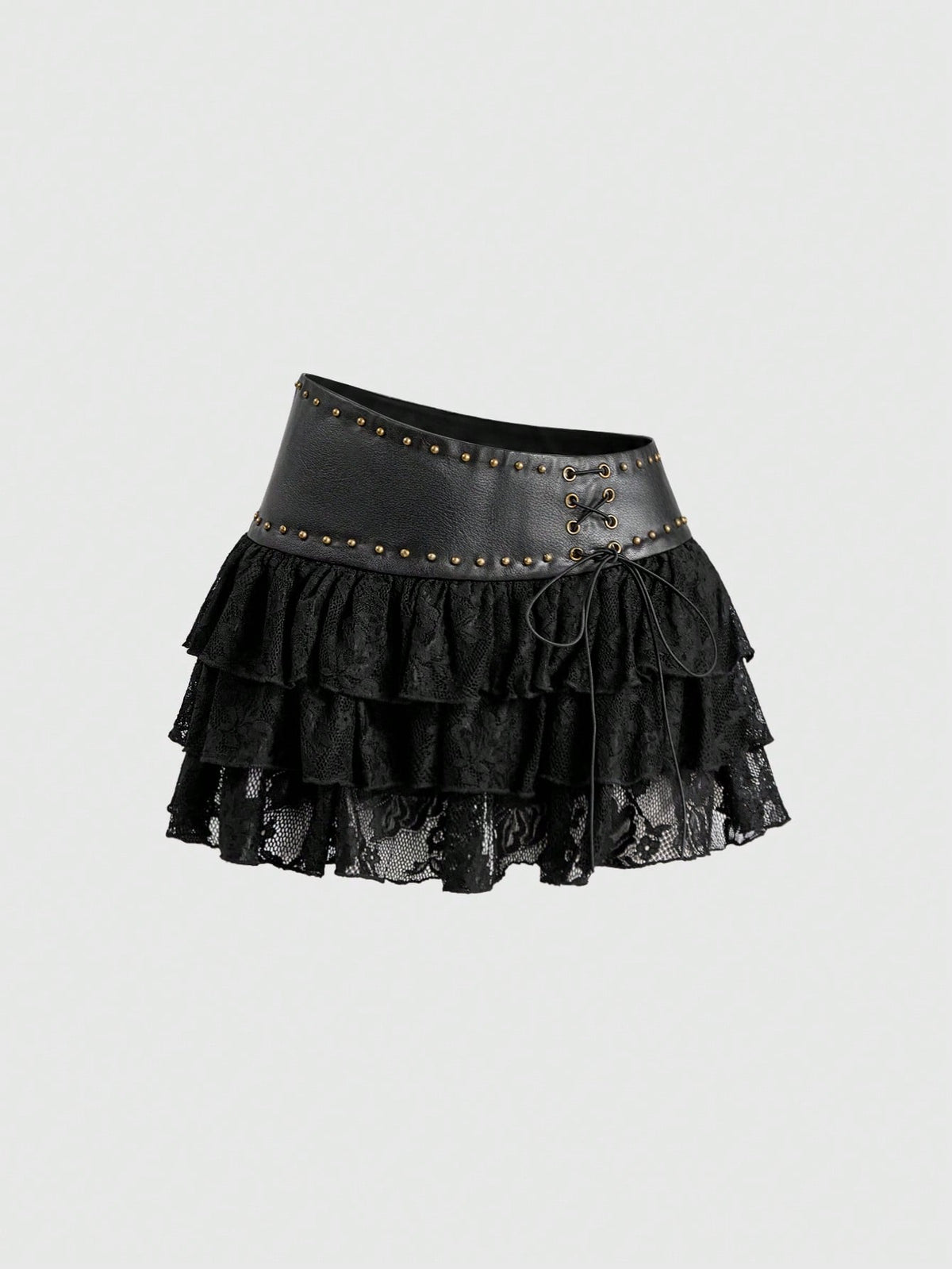 Low waist double layer pleated mini skirt for women with contrast lace and tiered ruffle hem