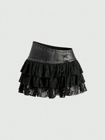 Low waist double layer pleated mini skirt for women with contrast lace and tiered ruffle hem