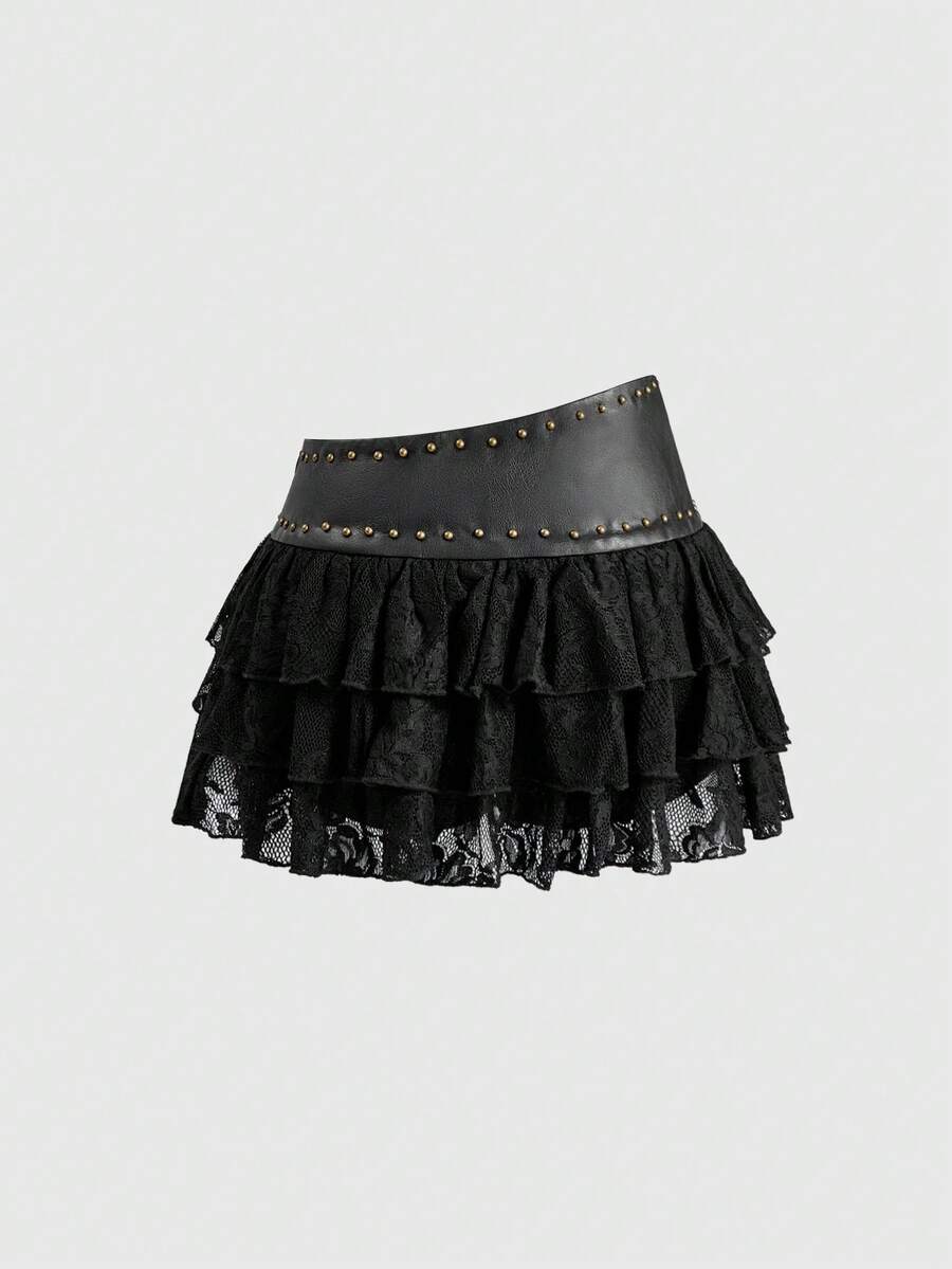 Low waist double layer pleated mini skirt for women with contrast lace and tiered ruffle hem