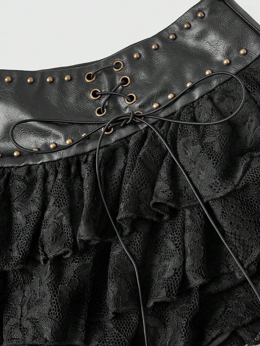 Low waist double layer pleated mini skirt for women with contrast lace and tiered ruffle hem
