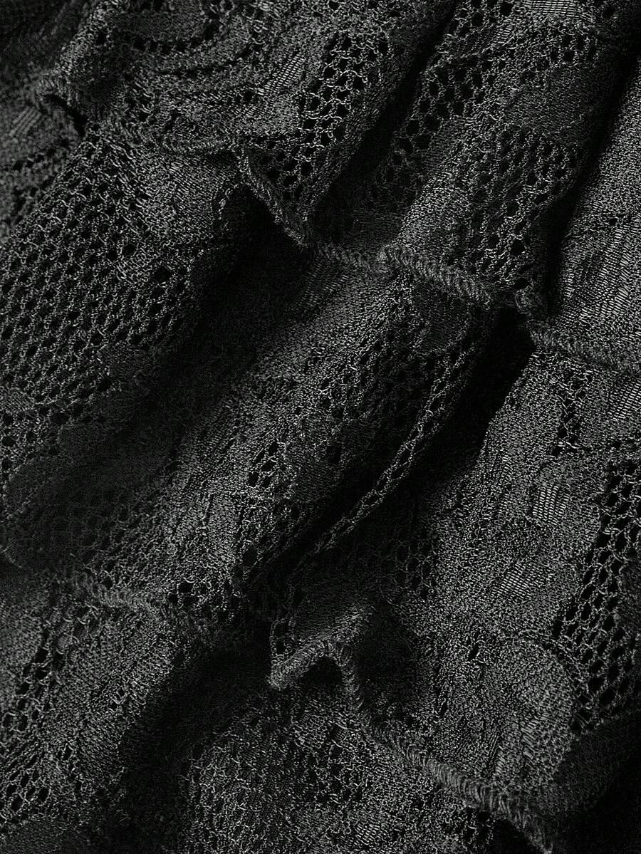 Low waist double layer pleated mini skirt for women with contrast lace and tiered ruffle hem
