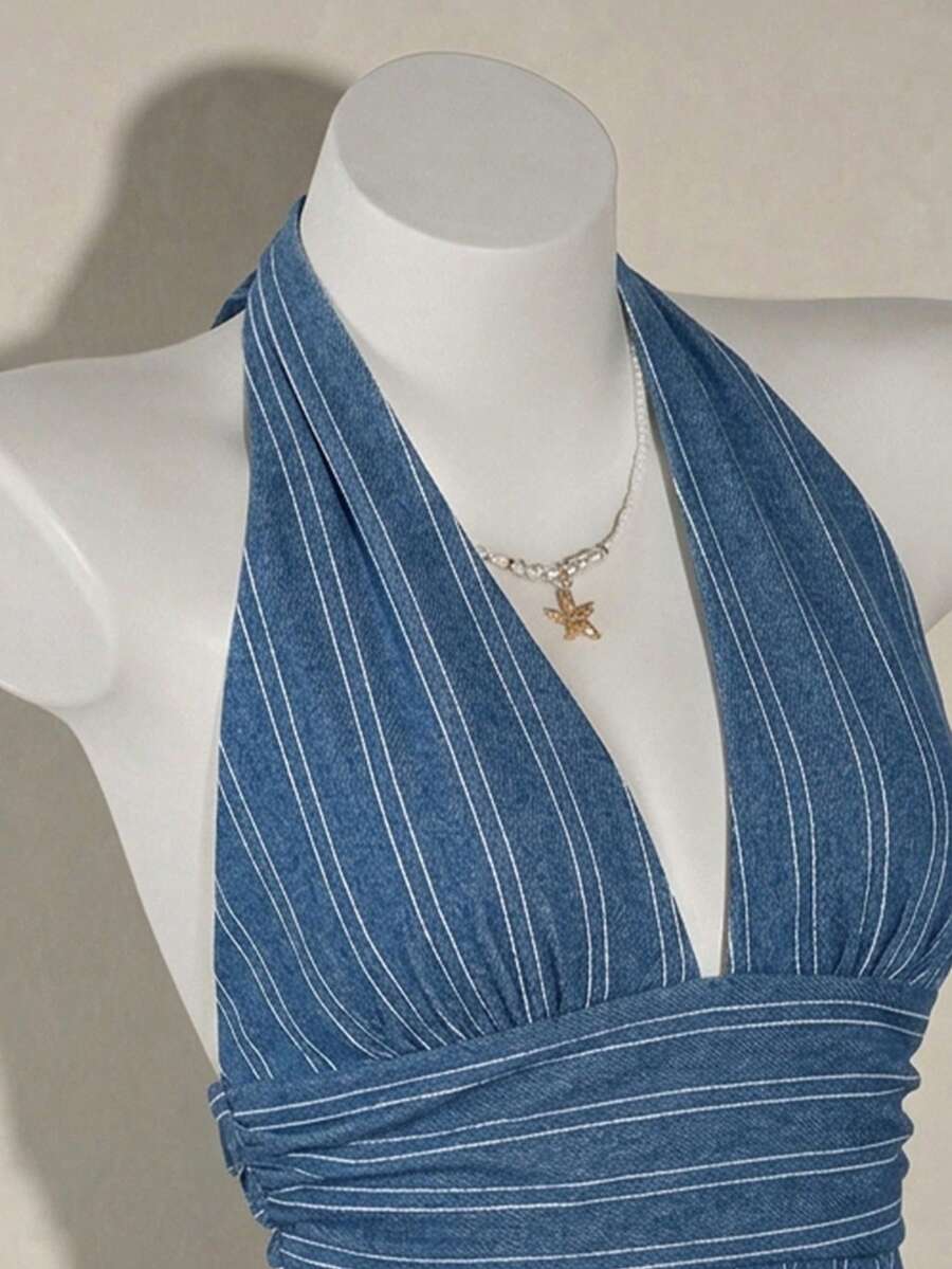 White women's deep V-neck halter tank top with ruched waist, backless design, rib-knit texture, and ruffle hem
