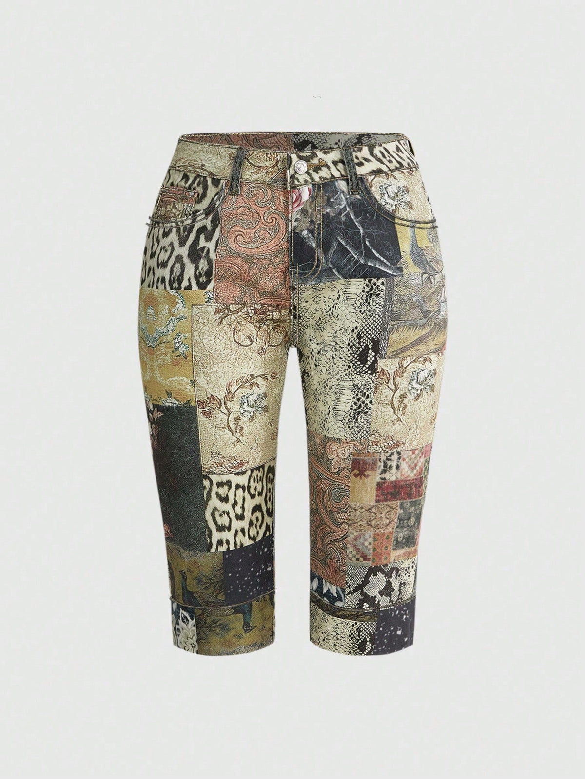 Women's skinny denim capri pants featuring an allover leopard and floral print with button and zipper closure