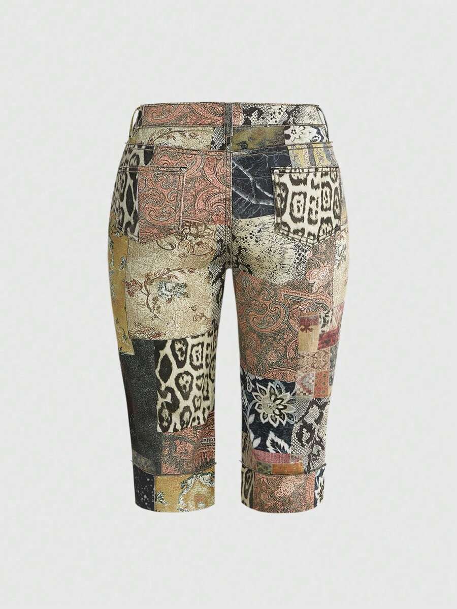 Women's skinny denim capri pants featuring an allover leopard and floral print with button and zipper closure