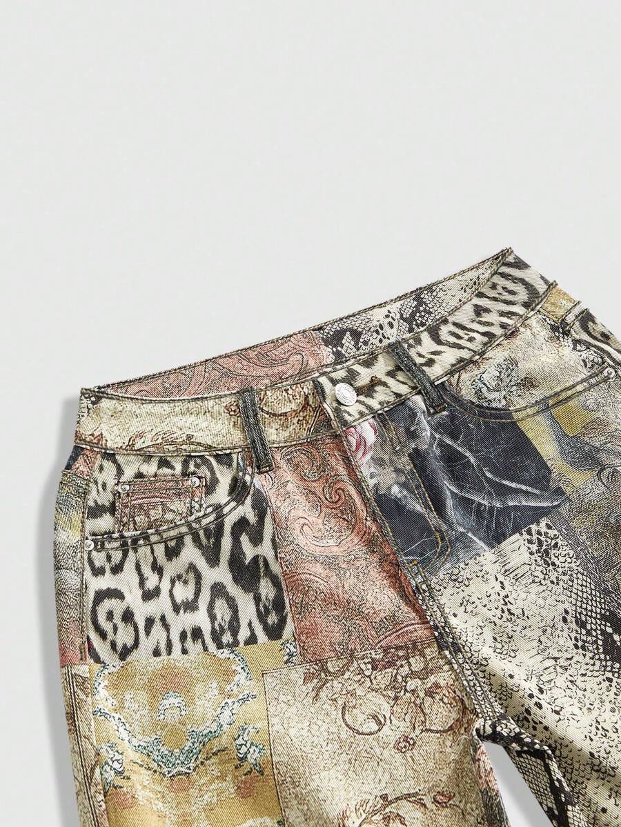 Women's skinny denim capri pants featuring an allover leopard and floral print with button and zipper closure