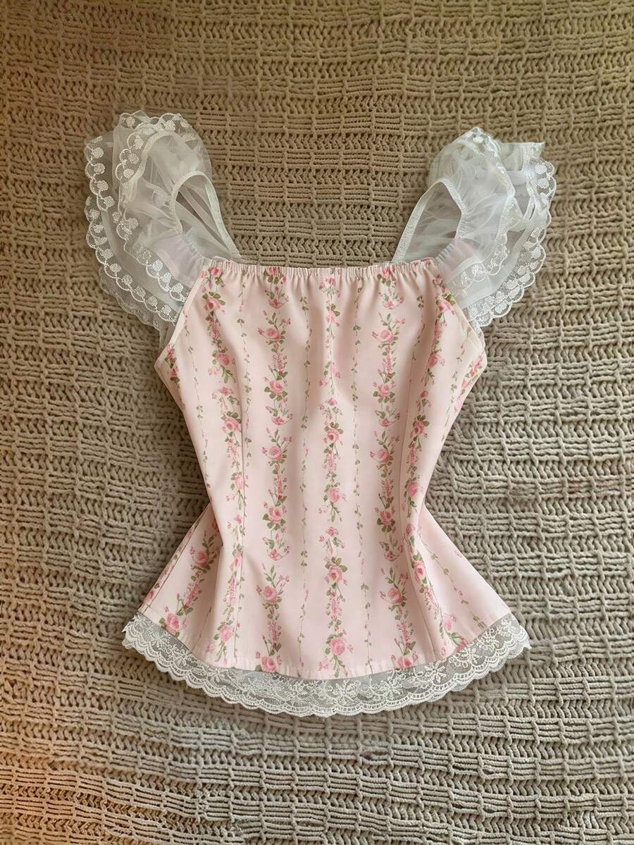 Vintage ditsy floral print sleeveless women's blouse with square neck, ruffle trim, and slim fit style.