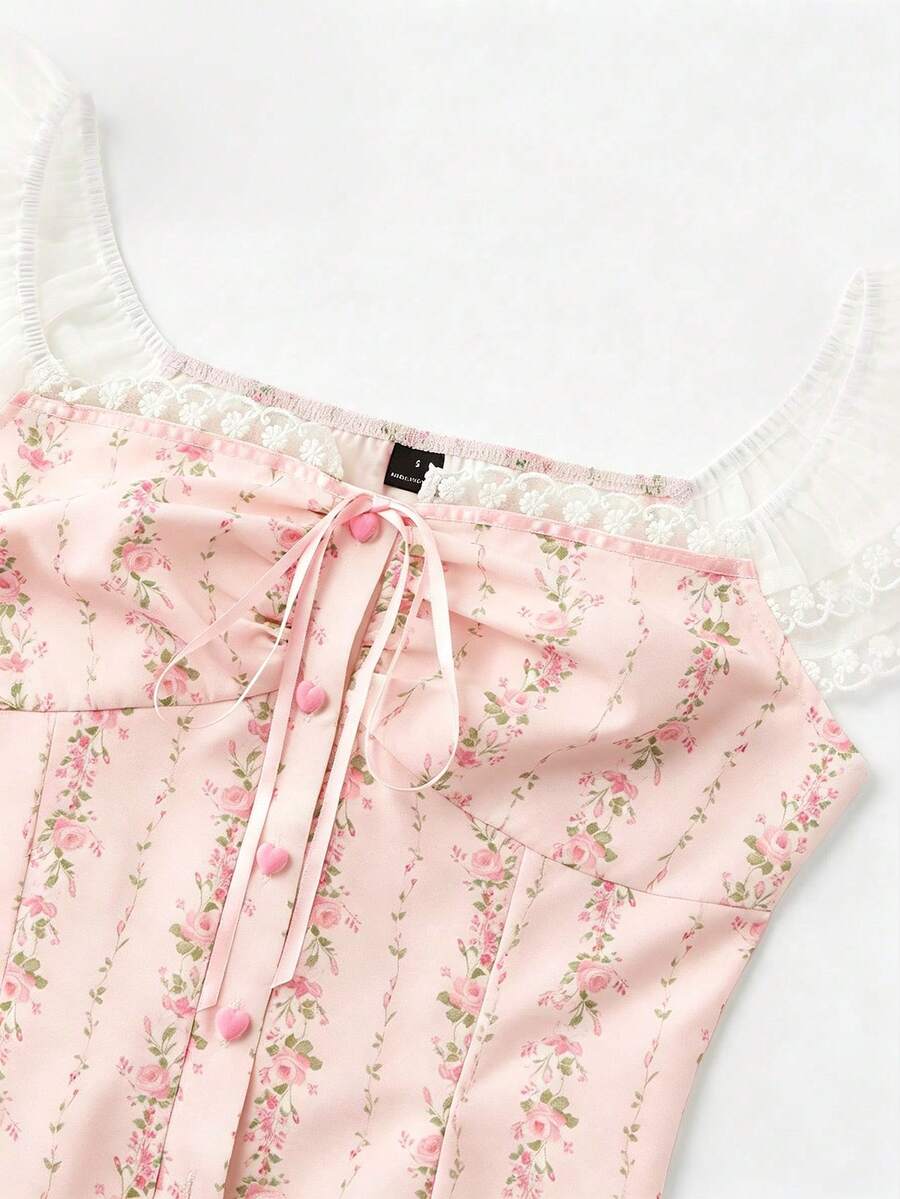 Vintage ditsy floral print sleeveless women's blouse with square neck, ruffle trim, and slim fit style.