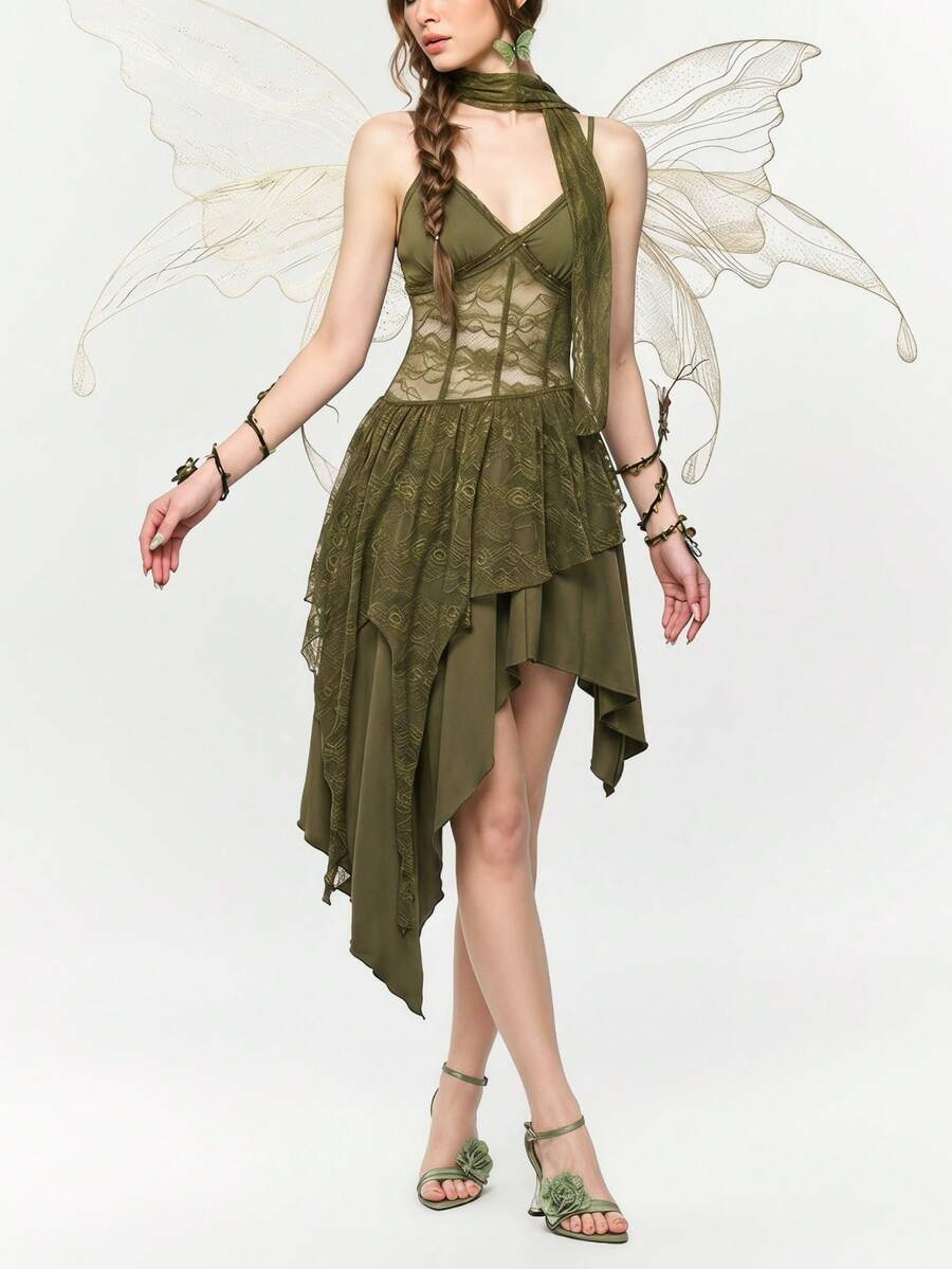 Lace patchwork asymmetrical hem layered midi dress for women featuring cami straps and slim fit high waist.