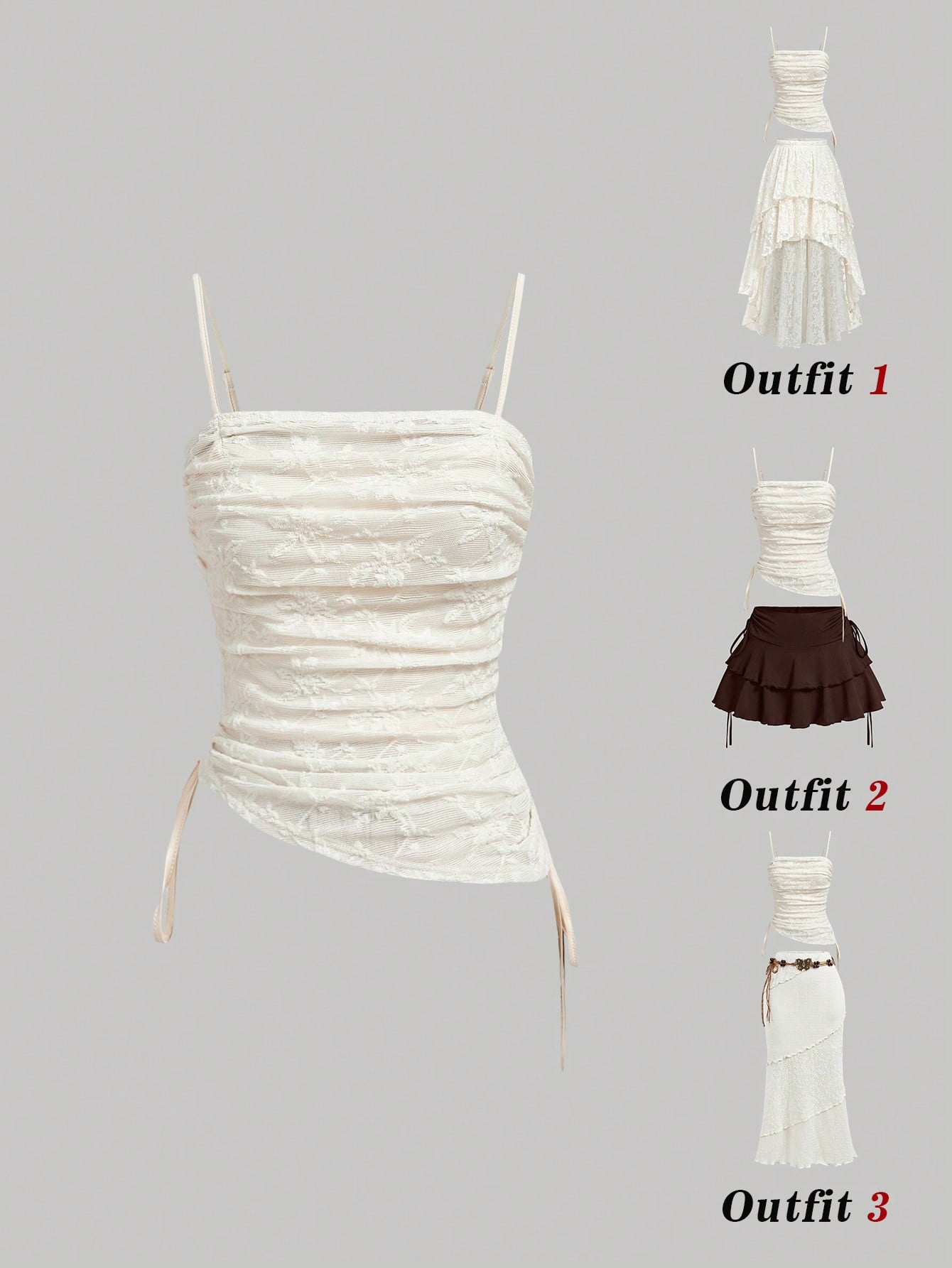 Women's MOD cami top with spaghetti straps, contrast lace trim, ruched details, and side drawstring accents in a slim fit