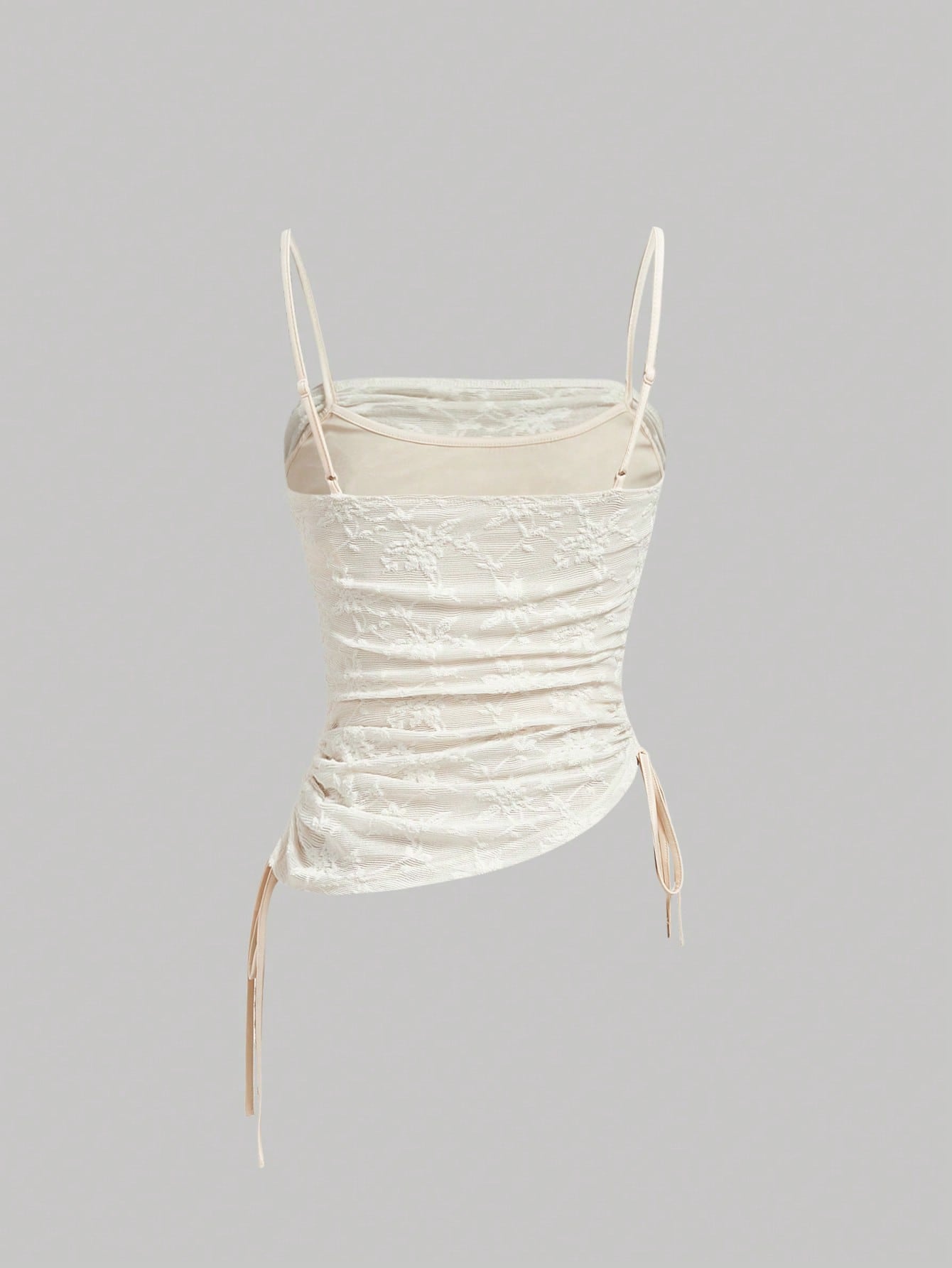 Women's MOD cami top with spaghetti straps, contrast lace trim, ruched details, and side drawstring accents in a slim fit
