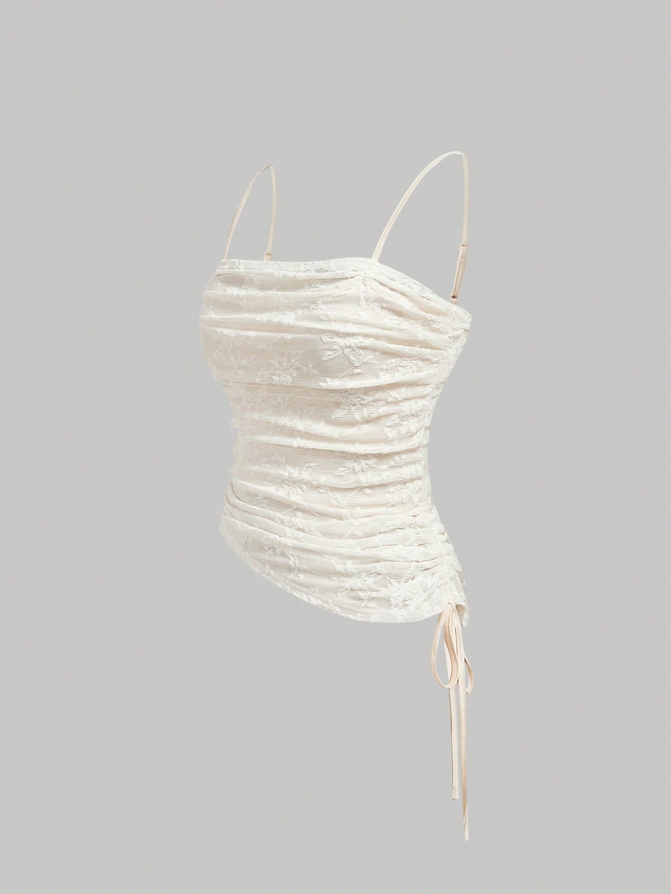 Women's MOD cami top with spaghetti straps, contrast lace trim, ruched details, and side drawstring accents in a slim fit
