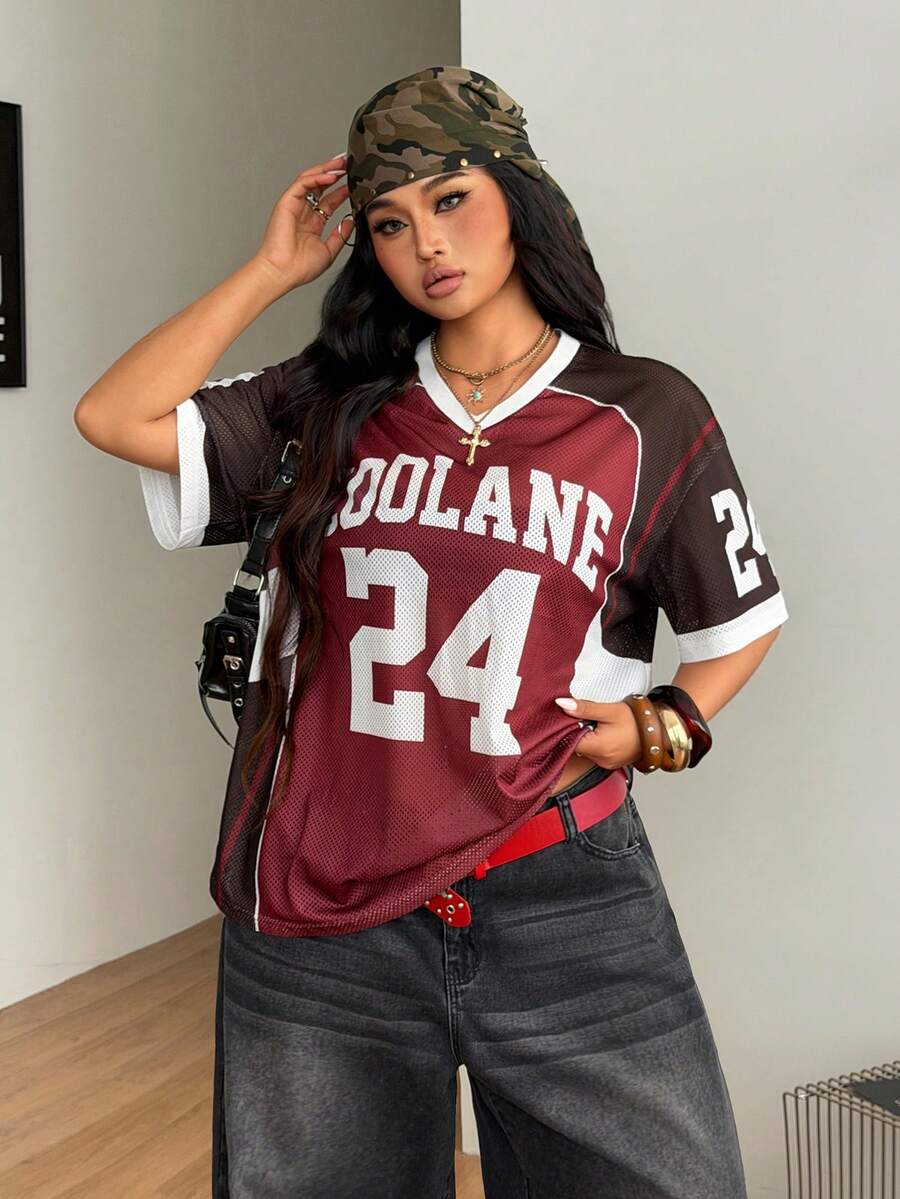 Navy blue plus size mesh baseball jersey t-shirt featuring a V-neck, raglan half sleeves, and sporty letter detailing.