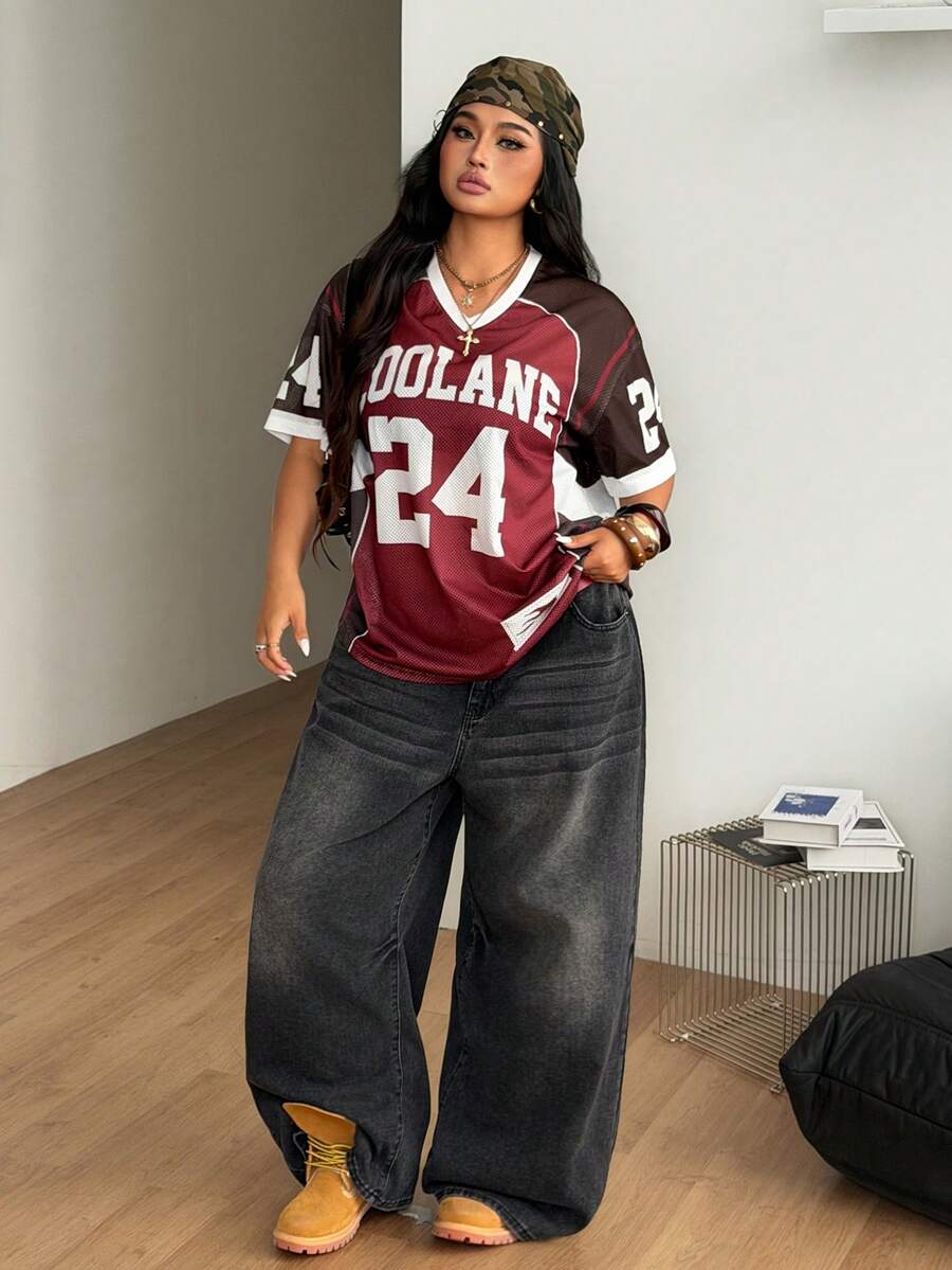 Navy blue plus size mesh baseball jersey t-shirt featuring a V-neck, raglan half sleeves, and sporty letter detailing.