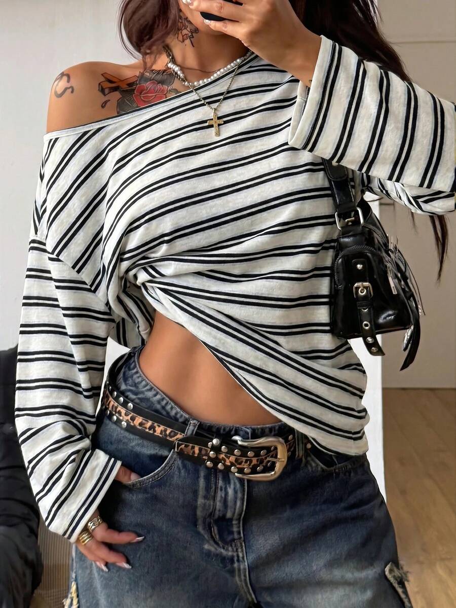 Women's brown striped boat neck long sleeve raglan T-shirt with a loose casual fit