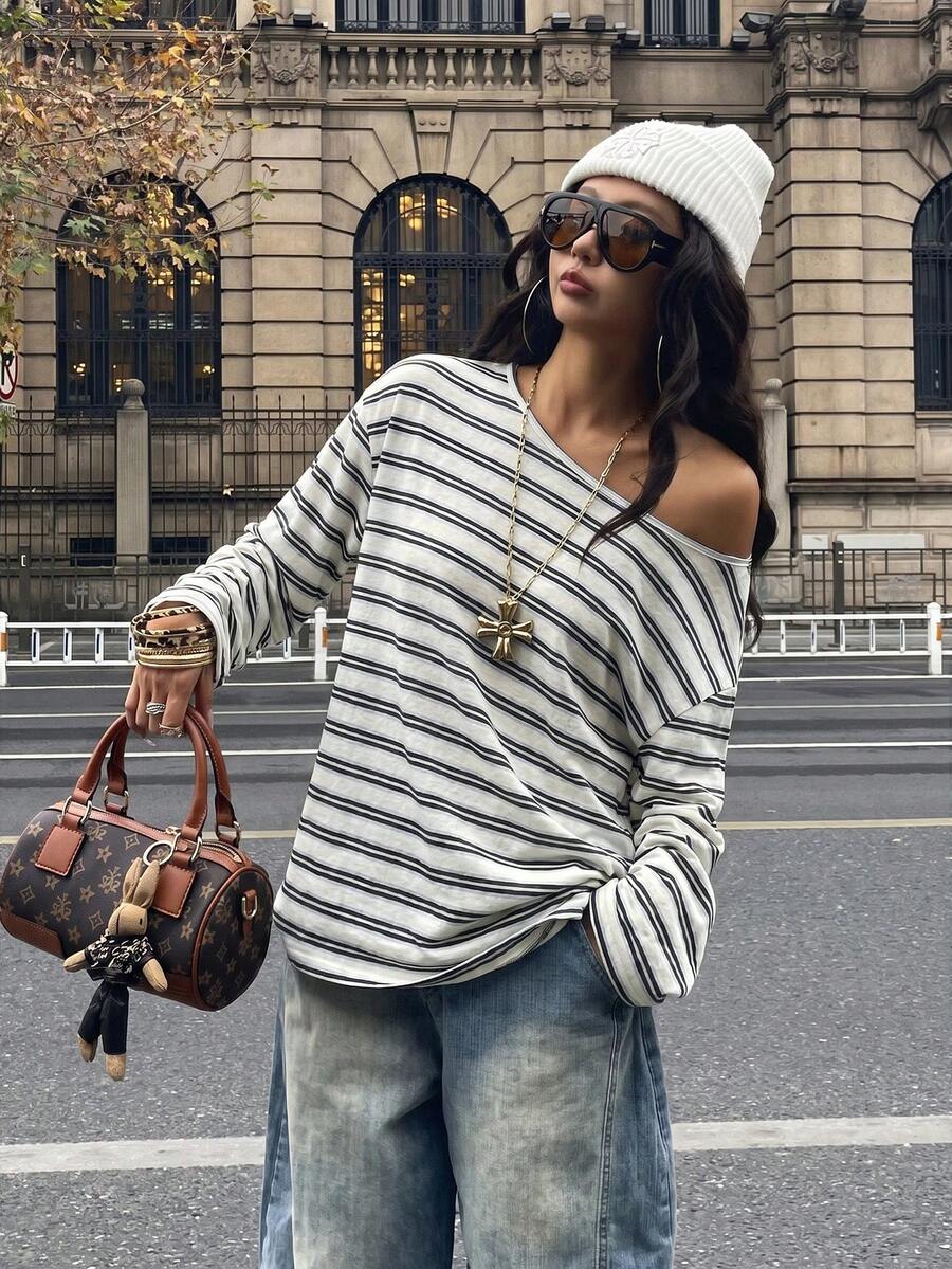 Women's brown striped boat neck long sleeve raglan T-shirt with a loose casual fit