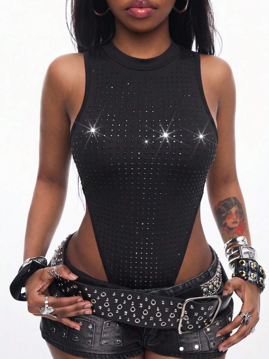 Women's slim fit sleeveless bodysuit with a stand collar and crisscross backless design in coated fabric.