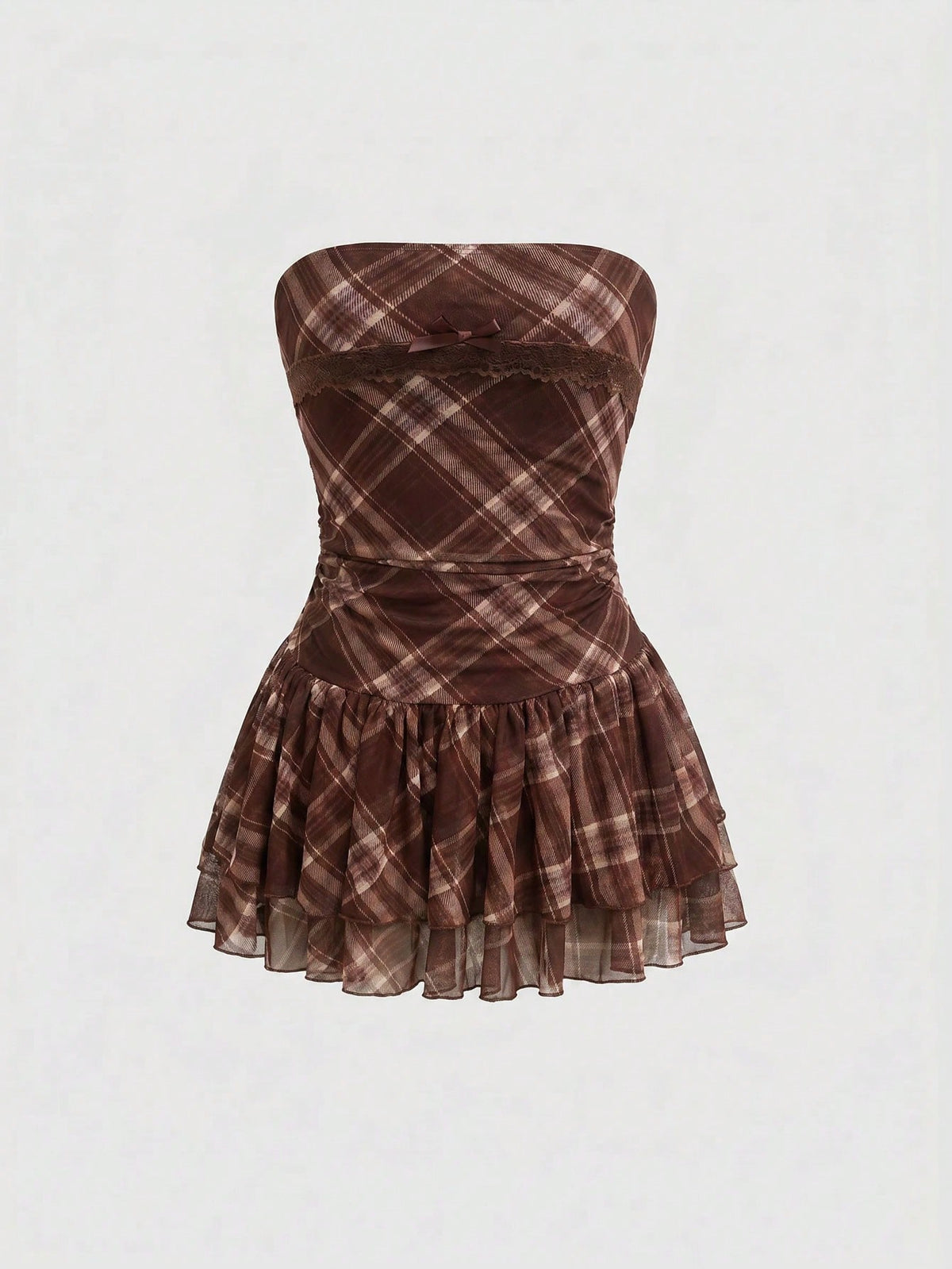 J-Fashion vintage sweet plaid printed strapless mini dress with bow detail, ruched bodice, layered ruffle hem, and matching inner mini shorts.