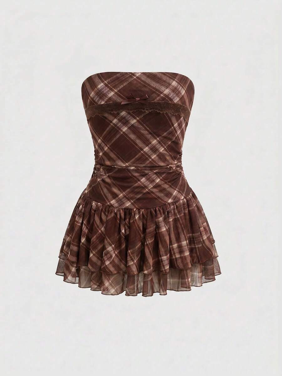 J-Fashion vintage sweet plaid printed strapless mini dress with bow detail, ruched bodice, layered ruffle hem, and matching inner mini shorts.