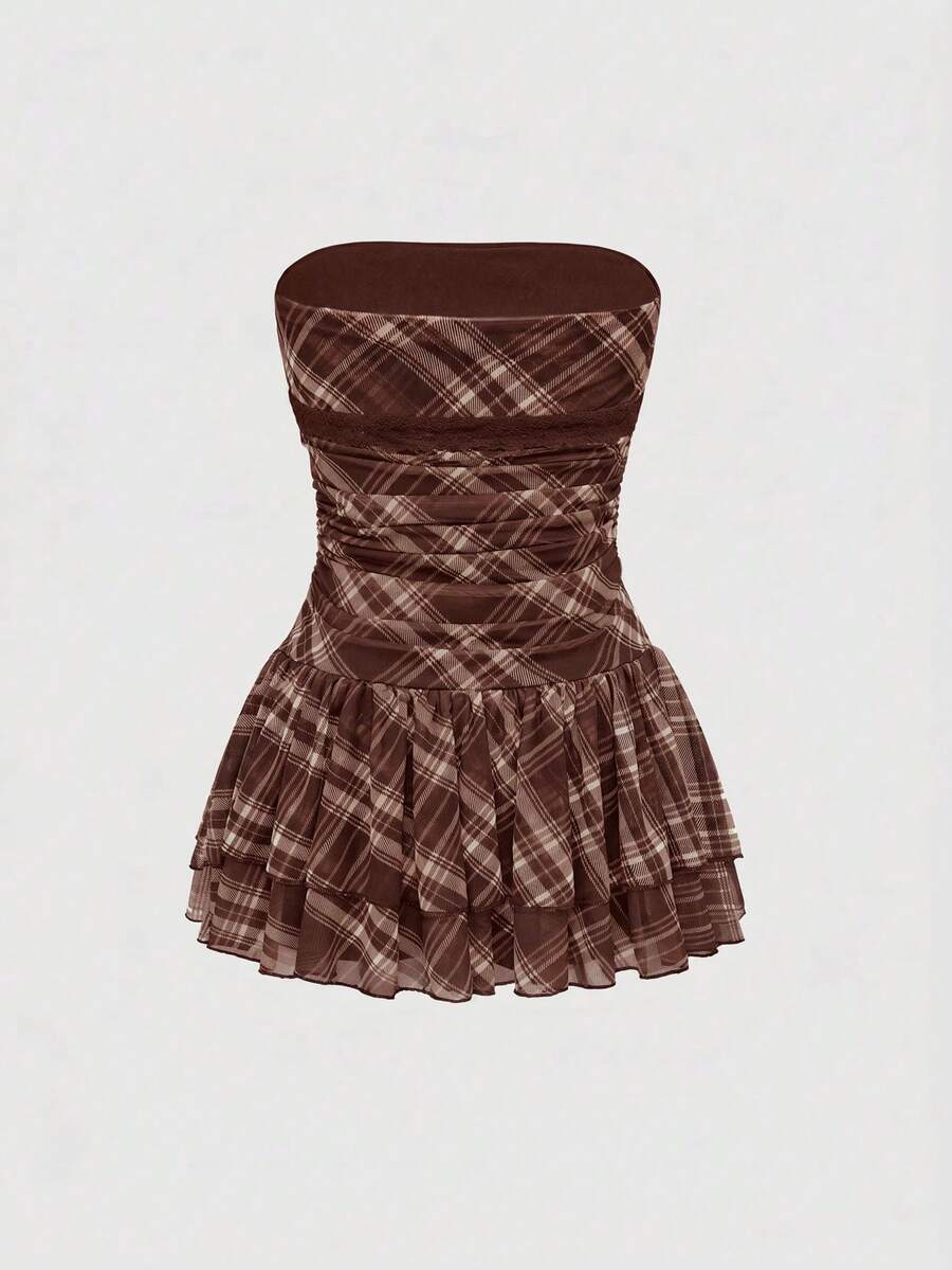 J-Fashion vintage sweet plaid printed strapless mini dress with bow detail, ruched bodice, layered ruffle hem, and matching inner mini shorts.