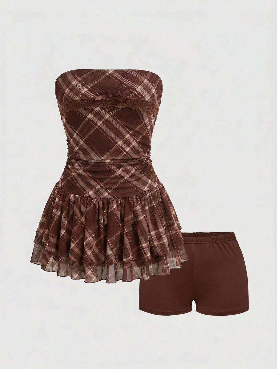 J-Fashion vintage sweet plaid printed strapless mini dress with bow detail, ruched bodice, layered ruffle hem, and matching inner mini shorts.