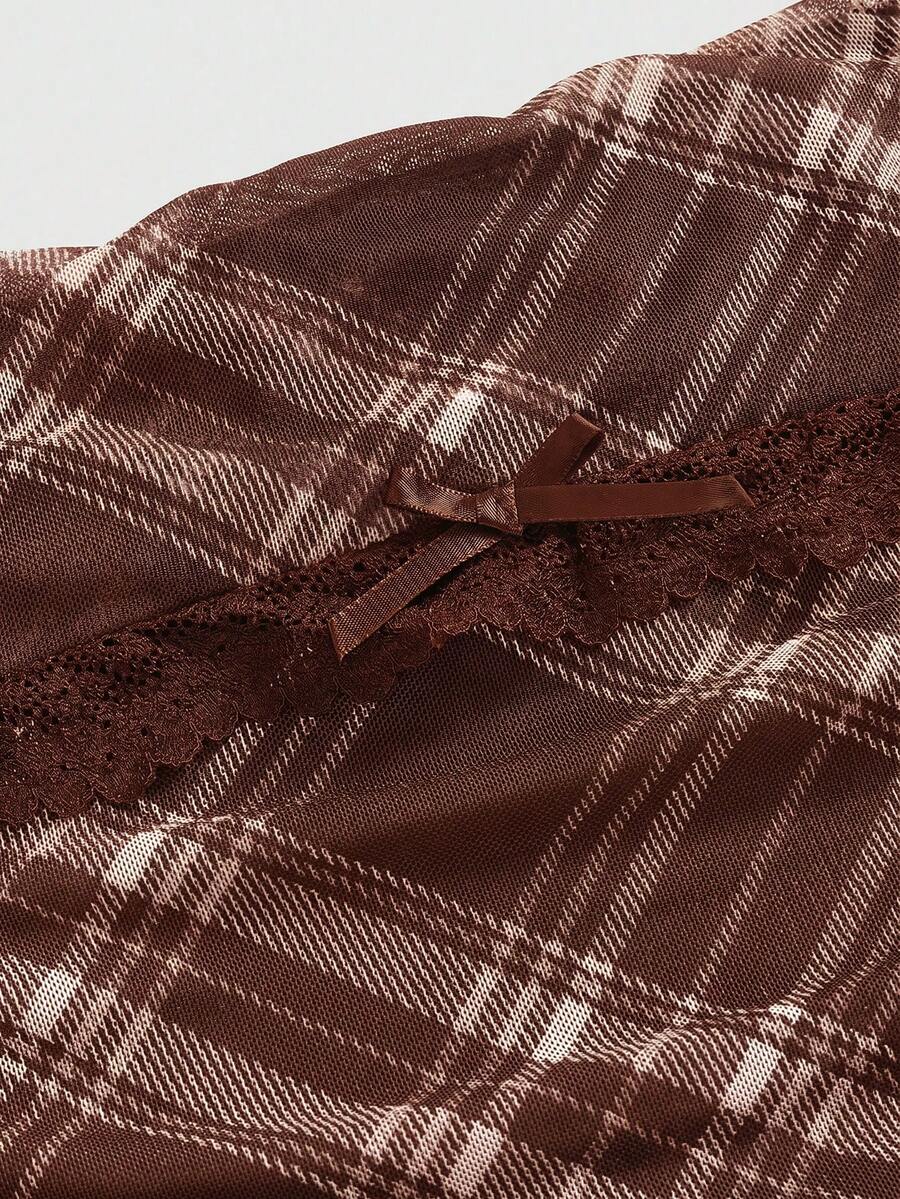 J-Fashion vintage sweet plaid printed strapless mini dress with bow detail, ruched bodice, layered ruffle hem, and matching inner mini shorts.