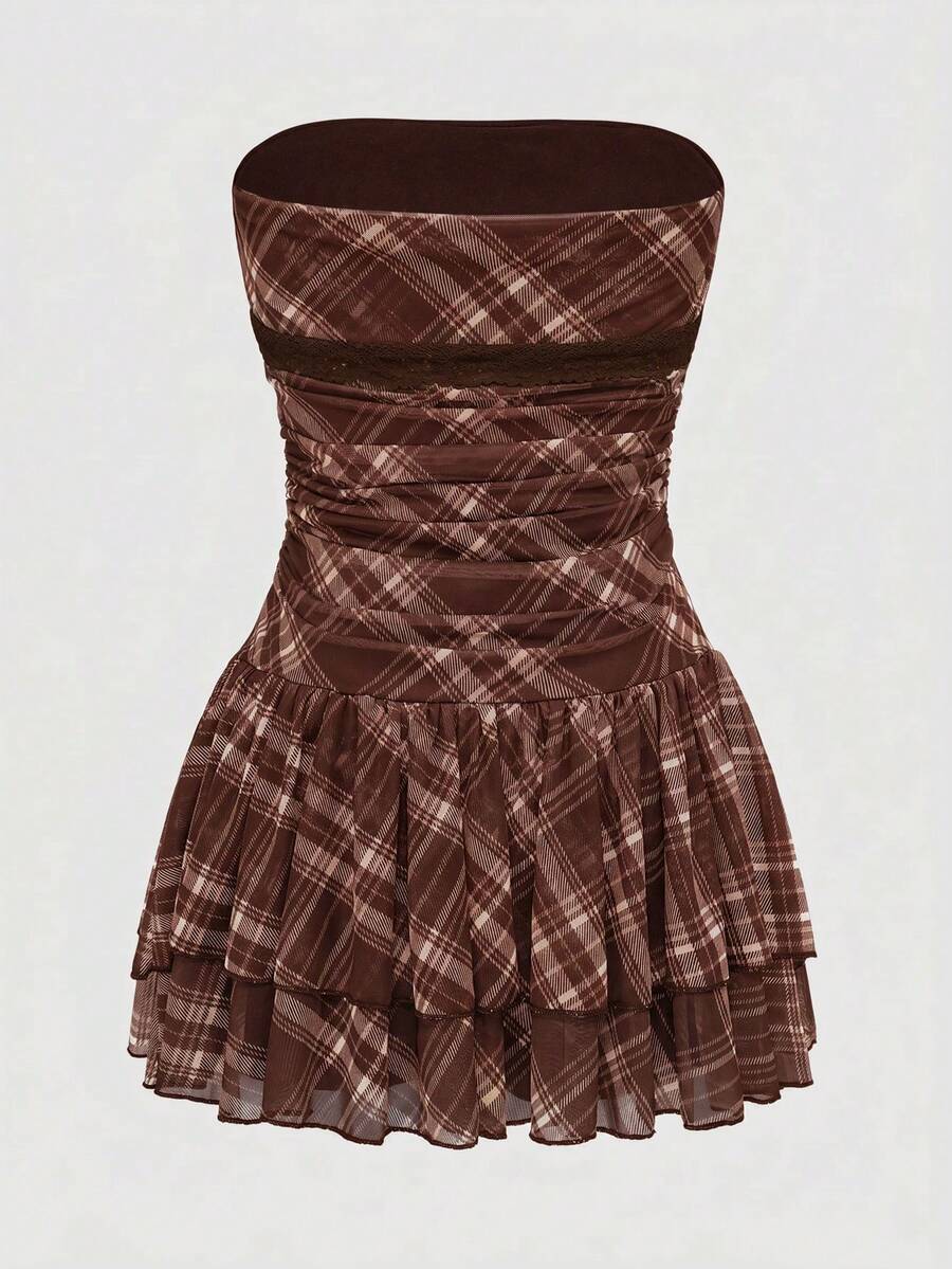 J-Fashion vintage sweet plaid printed strapless mini dress with bow detail, ruched bodice, layered ruffle hem, and matching inner mini shorts.