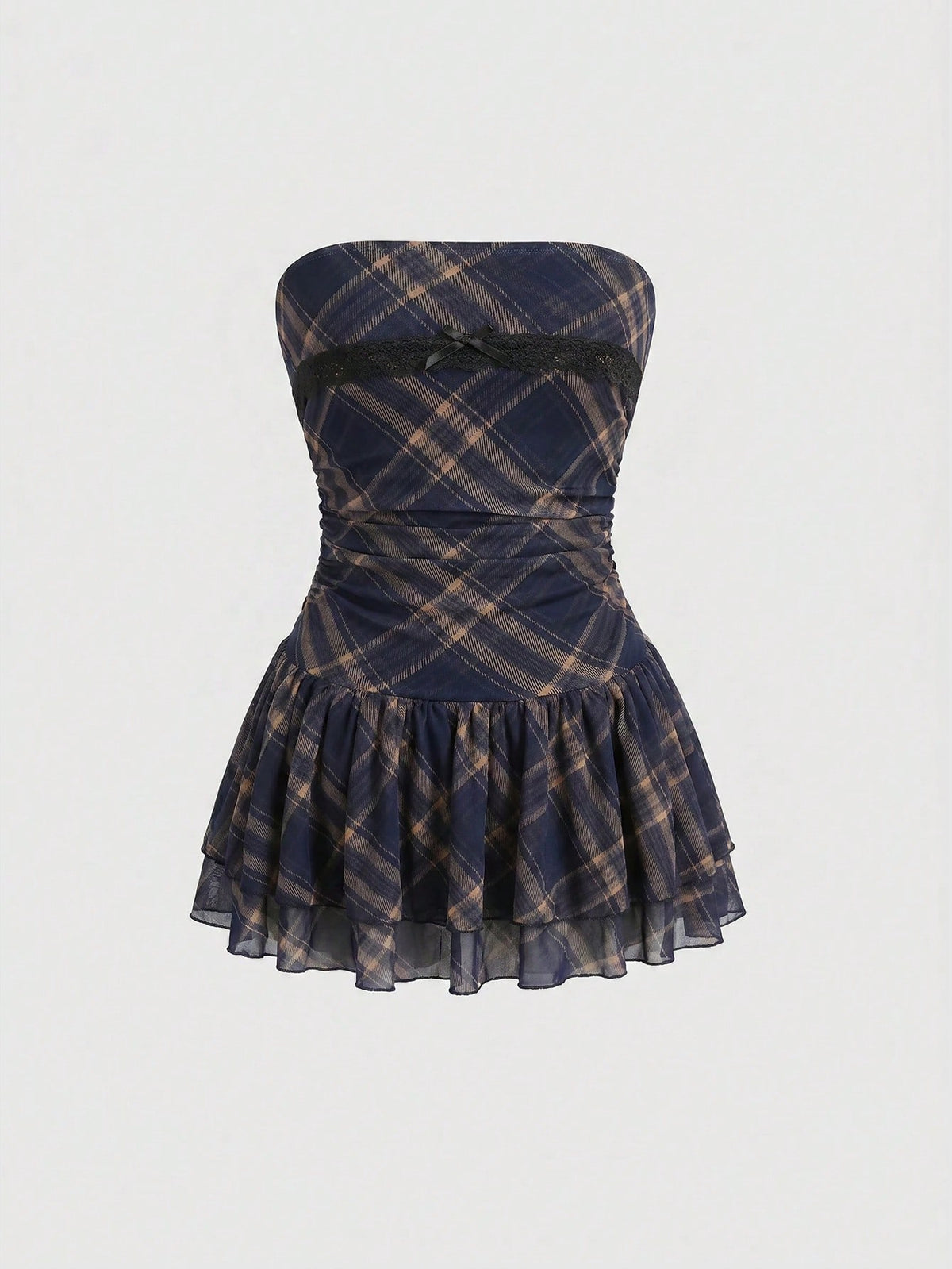 J-Fashion vintage sweet plaid printed strapless mini dress with bow detail, ruched bodice, layered ruffle hem, and matching inner mini shorts.