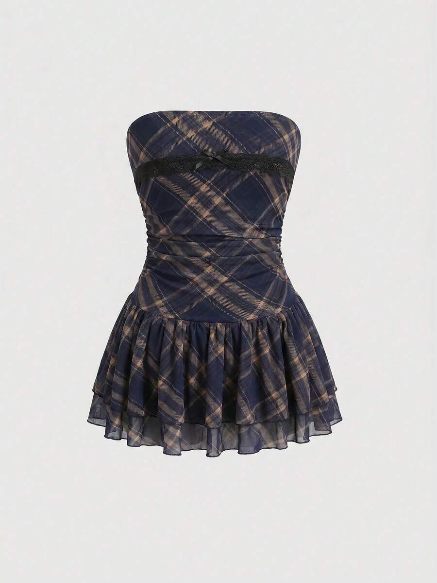 J-Fashion vintage sweet plaid printed strapless mini dress with bow detail, ruched bodice, layered ruffle hem, and matching inner mini shorts.