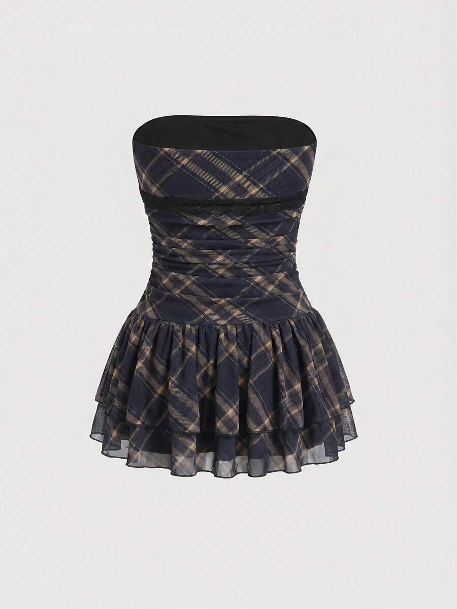 J-Fashion vintage sweet plaid printed strapless mini dress with bow detail, ruched bodice, layered ruffle hem, and matching inner mini shorts.