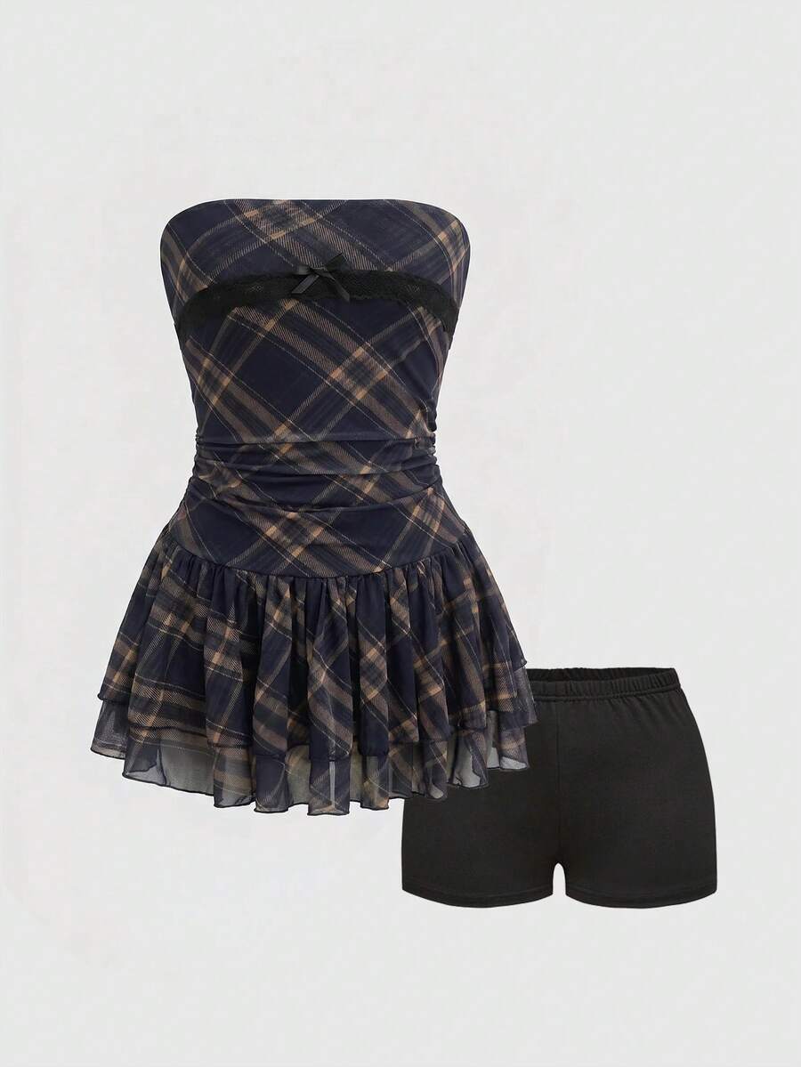 J-Fashion vintage sweet plaid printed strapless mini dress with bow detail, ruched bodice, layered ruffle hem, and matching inner mini shorts.