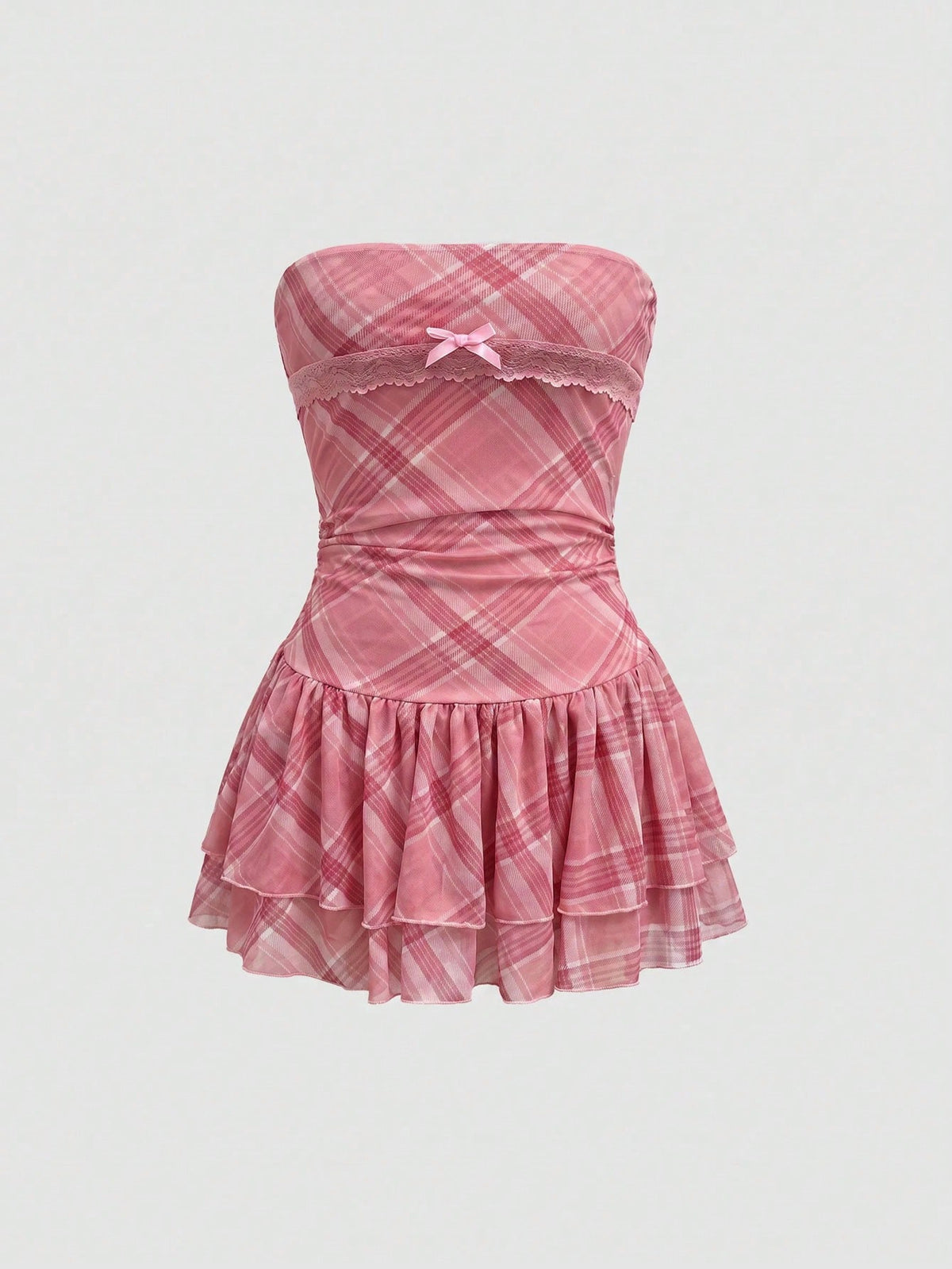 J-Fashion vintage sweet plaid printed strapless mini dress with bow detail, ruched bodice, layered ruffle hem, and matching inner mini shorts.