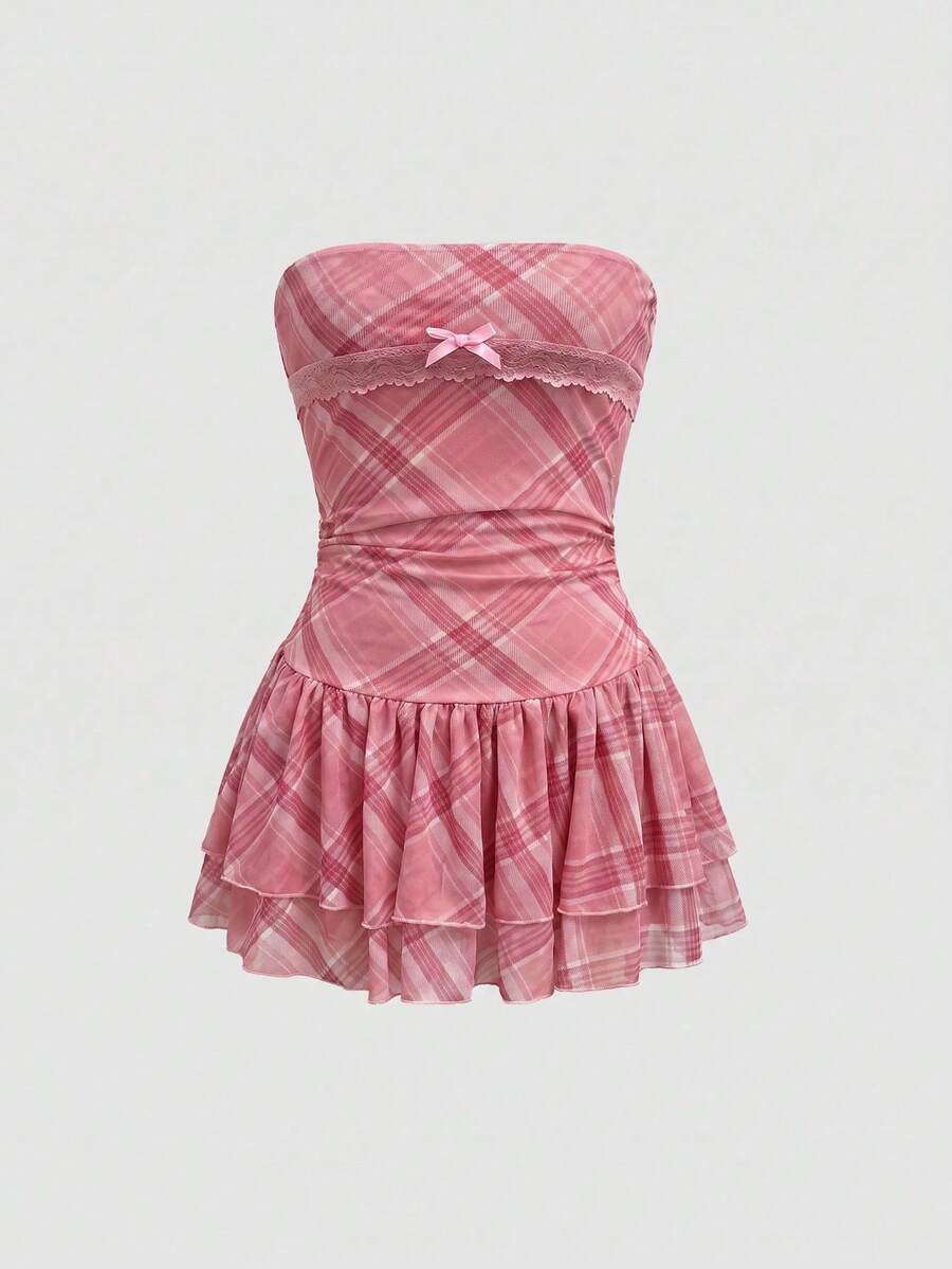 J-Fashion vintage sweet plaid printed strapless mini dress with bow detail, ruched bodice, layered ruffle hem, and matching inner mini shorts.