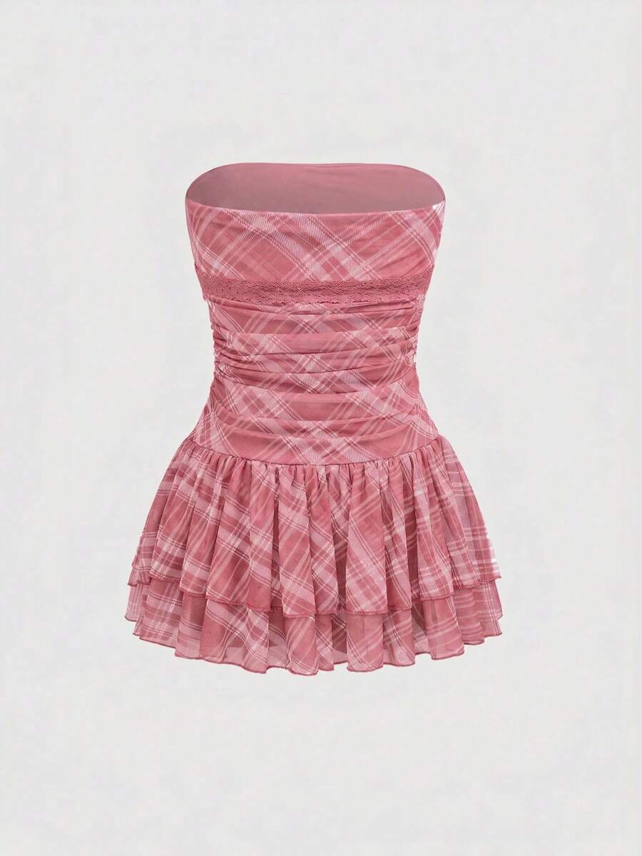 J-Fashion vintage sweet plaid printed strapless mini dress with bow detail, ruched bodice, layered ruffle hem, and matching inner mini shorts.
