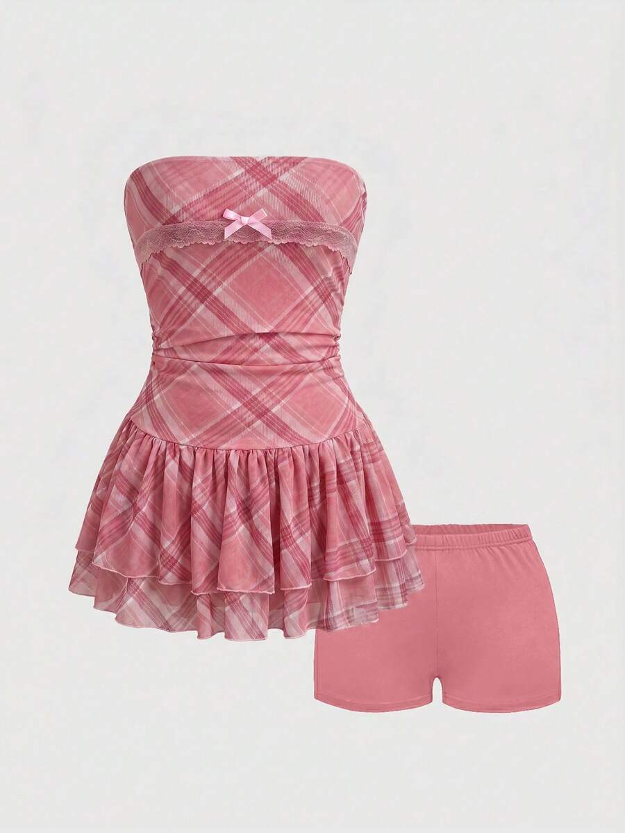 J-Fashion vintage sweet plaid printed strapless mini dress with bow detail, ruched bodice, layered ruffle hem, and matching inner mini shorts.