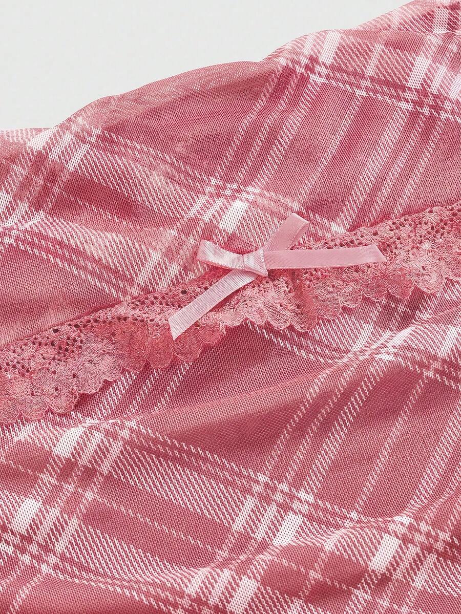 J-Fashion vintage sweet plaid printed strapless mini dress with bow detail, ruched bodice, layered ruffle hem, and matching inner mini shorts.