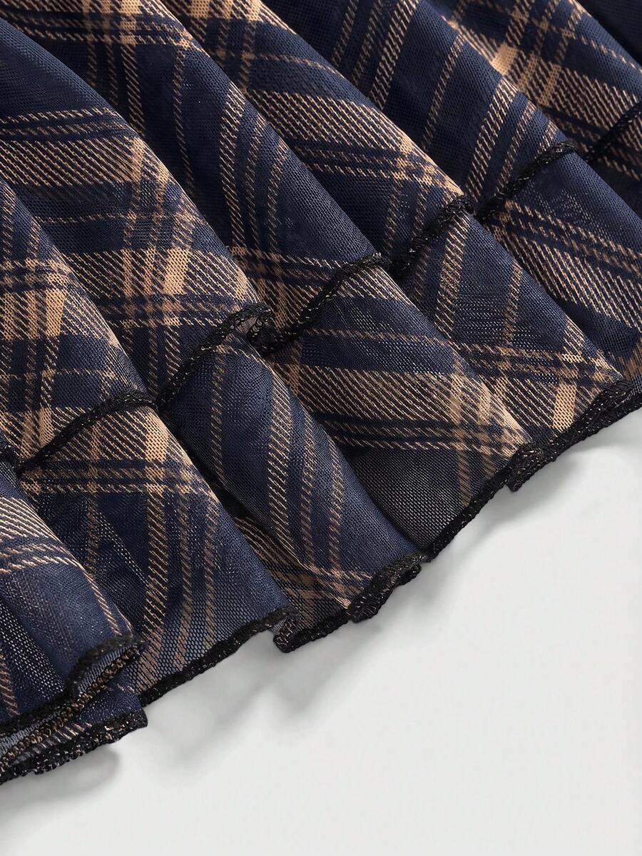 J-Fashion vintage sweet plaid printed strapless mini dress with bow detail, ruched bodice, layered ruffle hem, and matching inner mini shorts.