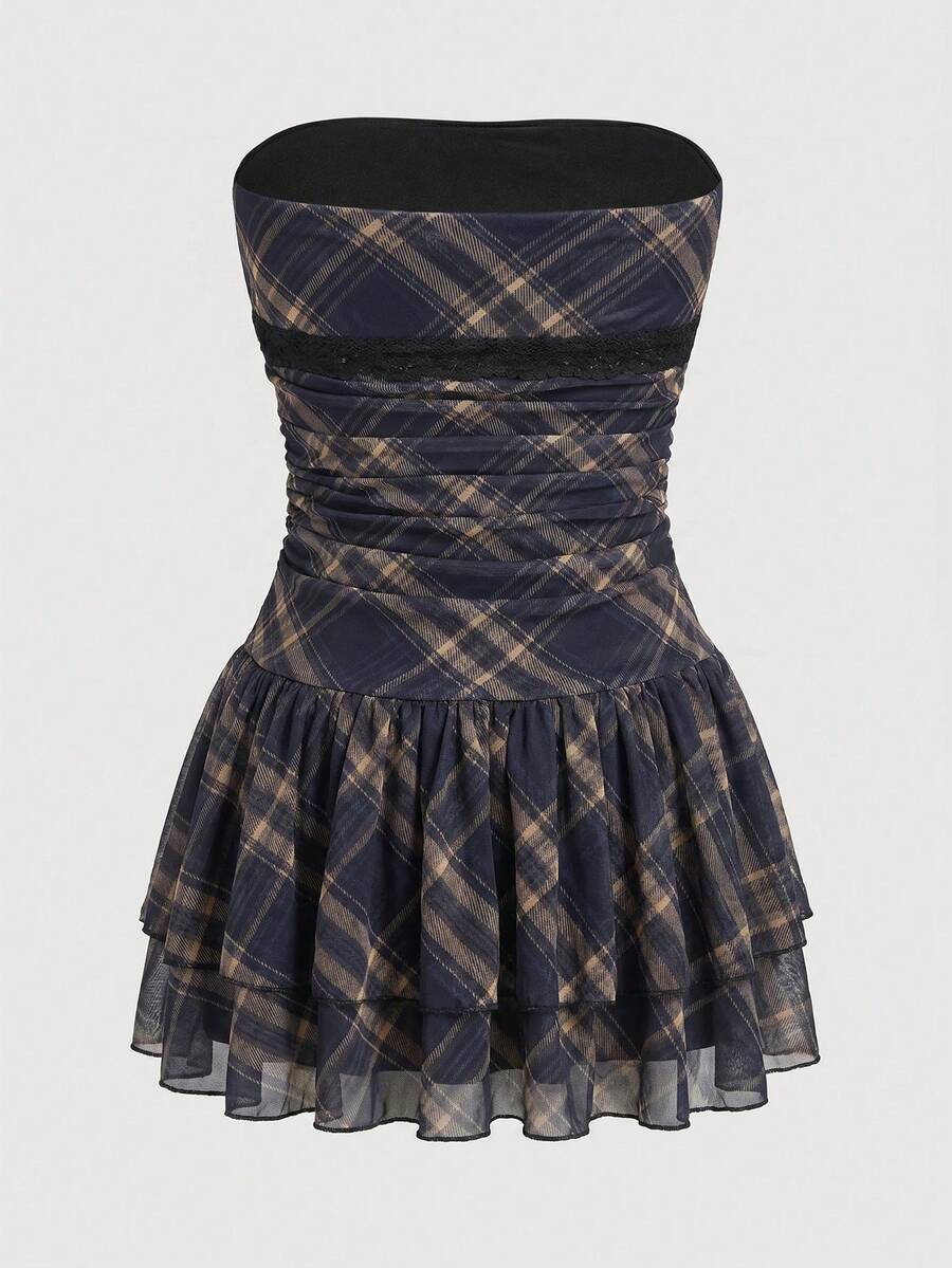 J-Fashion vintage sweet plaid printed strapless mini dress with bow detail, ruched bodice, layered ruffle hem, and matching inner mini shorts.